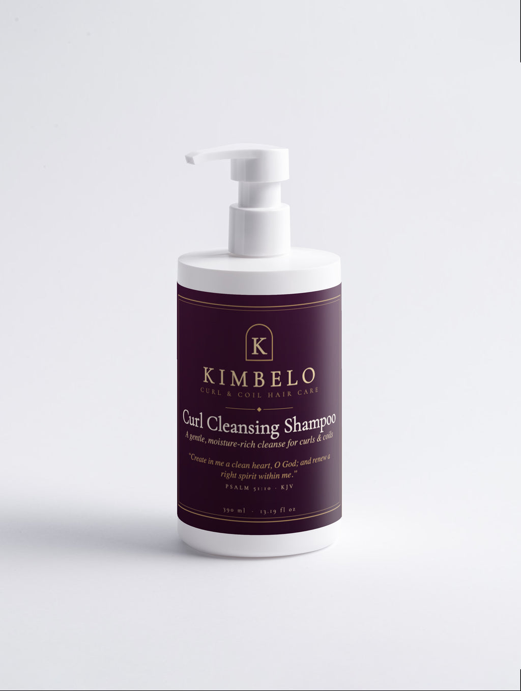 Kimbelo curl shampoo, white pump bottle with the plum Kimbelo label, front