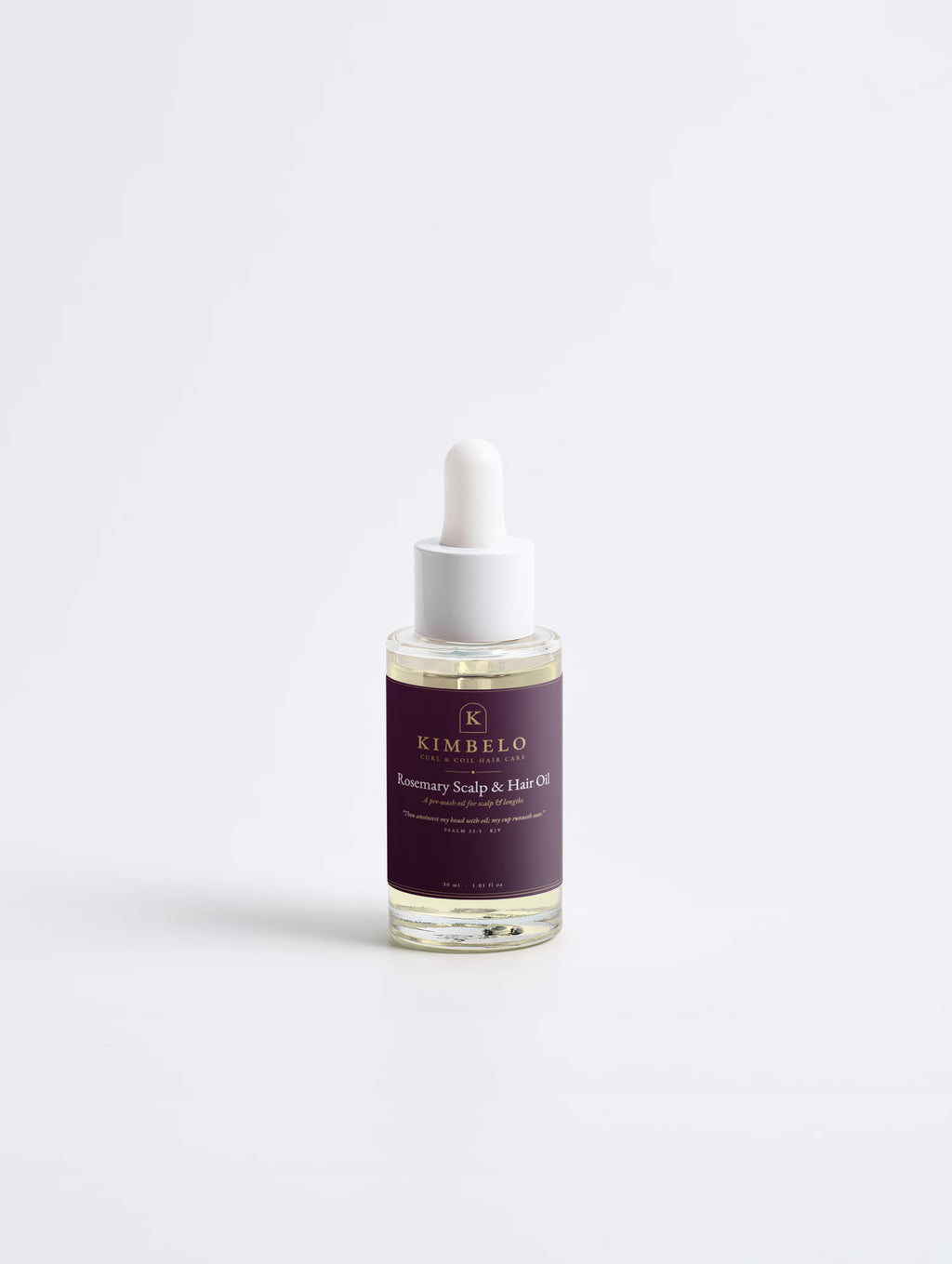 Kimbelo Rosemary Scalp & Hair Oil, 30 mL dropper bottle with the plum Kimbelo label
