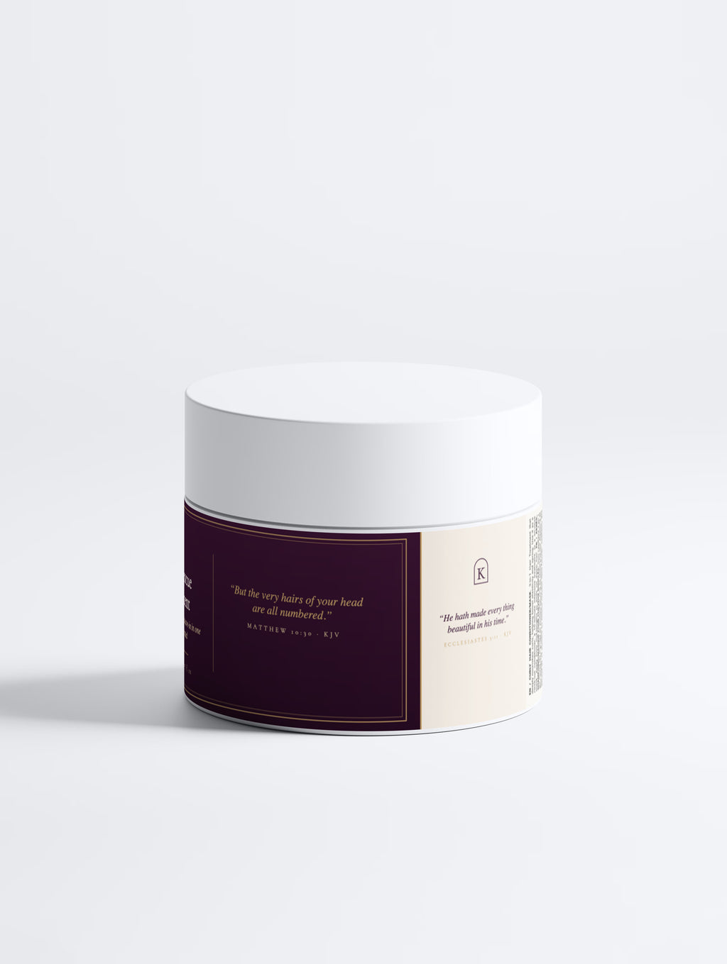 Back of the Kimbelo 3-in-1 curl conditioner jar with the verse panel and ingredient label