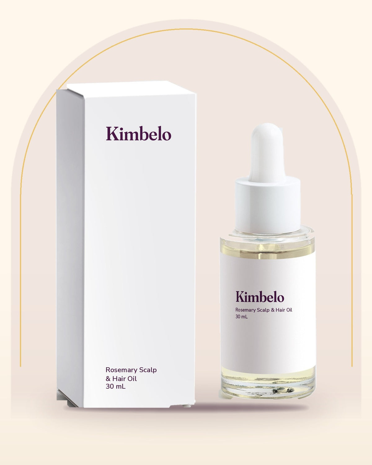 Kimbelo Rosemary Scalp & Hair Oil, 30 mL glass dropper bottle with its carton