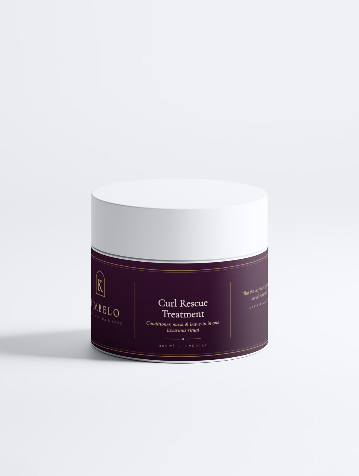 Kimbelo 3-in-1 curl conditioner, white jar with the plum Kimbelo label, front