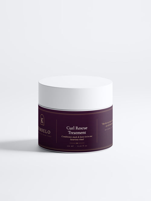 Kimbelo 3-in-1 curl conditioner, white jar with the plum Kimbelo label, front